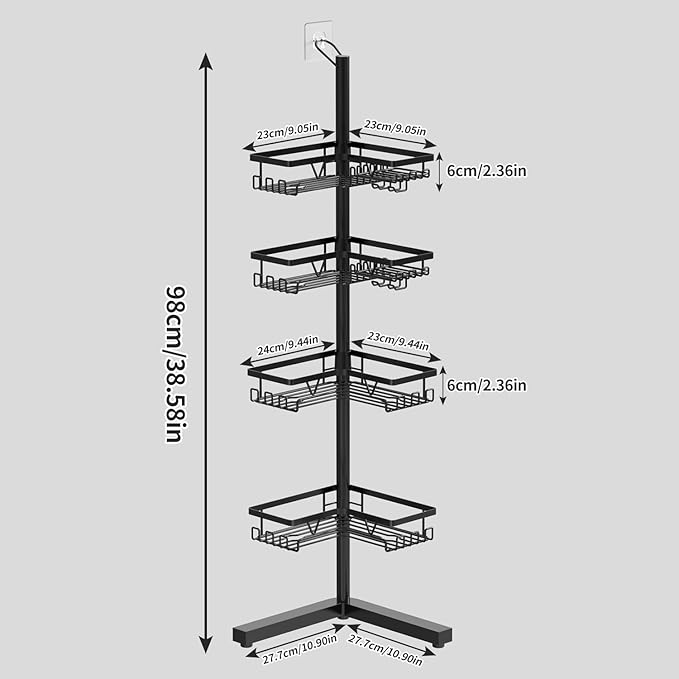 Standing Shower Caddy Corner - 4-Tier Floor Shower Caddy Corner Adjustable Bathroom Organizers and Storage with Soap Holder & Razor, Bathroom Free-Standing Organizer for Large Bottles