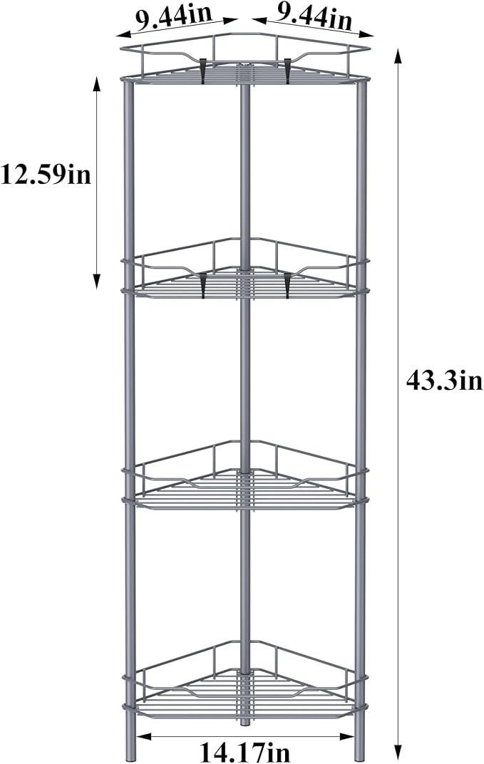 4 Tier Floor Standing Corner Shower Caddy Organizer Shelf with Hooks, Bathroom Shelves Stand Rack, Dark Gray