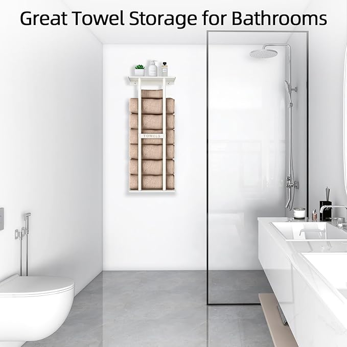 Wall Towel Rack for Rolled Towels, Towel Storage for Small Bathroom Can Holds 6 Large Towels, 30 inch Towel Racks with Shelf, White