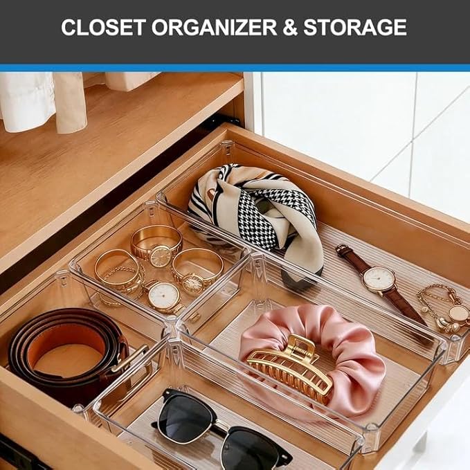 9 PCS Clear Plastic Drawer Organizer Sets for Vanity Organizer, 3 Sizes Versatile Make-up Organizer Trays, Stackable Storage Bins for Kitchen, Cabinet, Bathroom, Office, Laundry Room Organizing