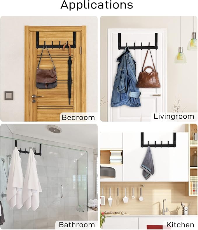 Over The Door Hooks, Door Hanger Hooks for Hanging, Over The Doors Towel Racks for Bathroom with 12 Coat Hook, Coat Rack Bathroom Accessories(2 Pack, Black)