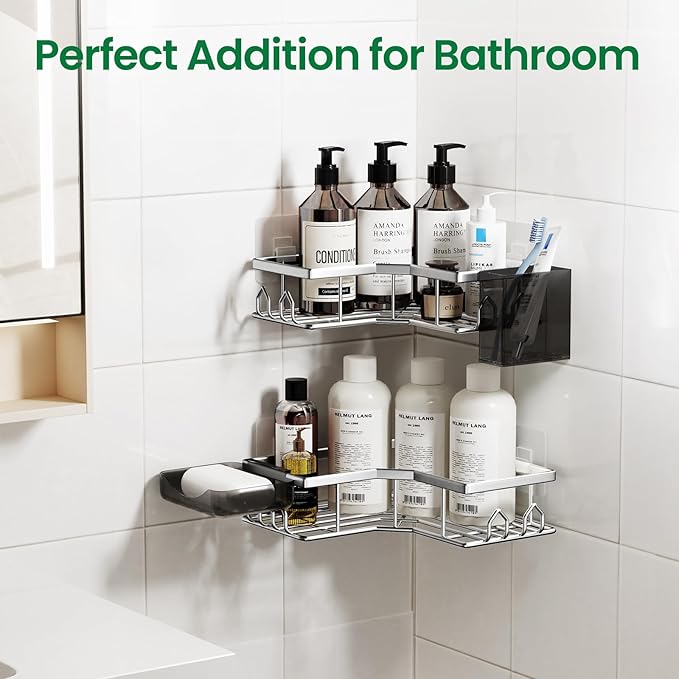esive Shower Caddy, 2 Pack Corner Bath Organizer, Rustproof Stainless Steel Shower Shelves with Large Capacity, No Drilling Shelves for Bathroom Storage, Home, Kitchen Decor (Silver).