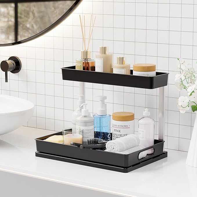 Yieach 2 Pack 10.8″ High Pull Out Under Sink Organizer,14.5″ Deep 2 Tier Slide Out Cabinet Organizer for Kitchen Cabinet,Undersink Organizers,Under Sink Shelves,Bathroom Organizers and Storage,Black