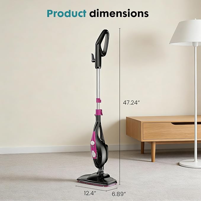 OLIXIS 10-in-1 Steam Mop, 1550W Detachable Handheld Steam Cleaner for Floor Cleaning, 16FT Cord, 2 Washable Pads, Multi-Purpose Floor Steamer for Hardwood, Carpet, Tile, Grout, Windows, Black Pink