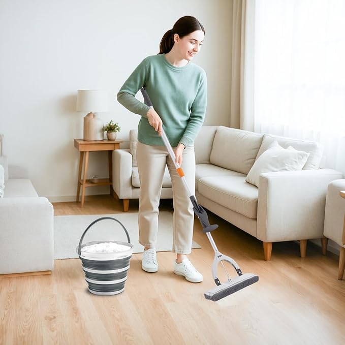 Superio Miracle Microfiber Mop with Telescopic Handle & 2-Gallon Collapsible Bucket - Lightweight Cleaning Set for Floors, Walls, Car Wash, Camping & More - Grey