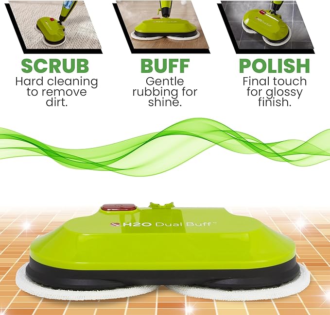 H2O HD Dual Buff Steam Mop, 8 in 1 Handheld Steam Cleaner For Kitchen Tile Floors, Hardwood Floors, Grout Cleaner, Upholstery Cleaner and Carpets, 2 washable scrub pads, 8 cleaning accessories
