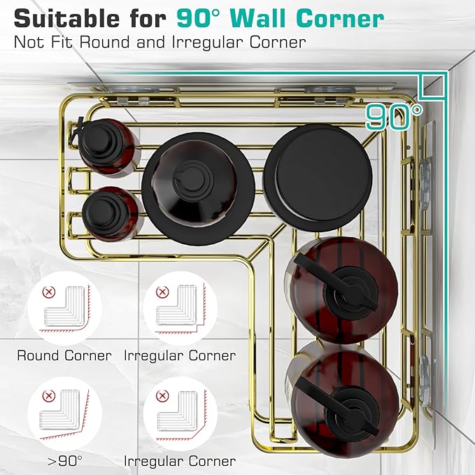YASONIC Corner Shower Caddy, 3-Pack Adhesive Bathroom Caddy with Soap Holder and 12 Hooks, Rustproof Stainless Steel Shower Organizer, No Drilling Wall Mounted Shower Rack, for Bathroom, Gold