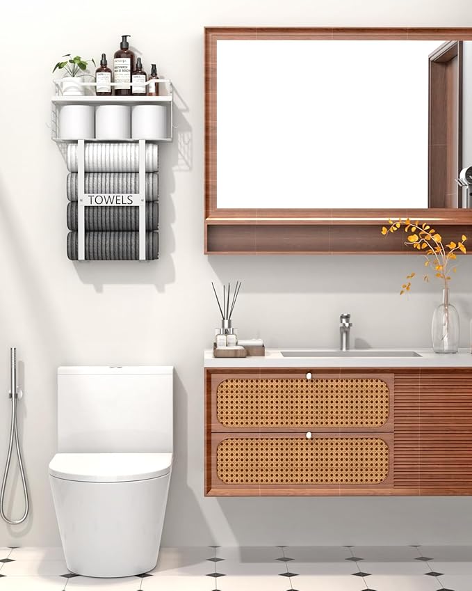 Towel Racks for Bathroom Wall Mounted - Bath Wall Towel Holder Set Above Toilet Storage, Rolled Towel Shelf Organizer for Small Bathroom All White, Wood Vertical Towel Rack for Bathroom Wall Decor