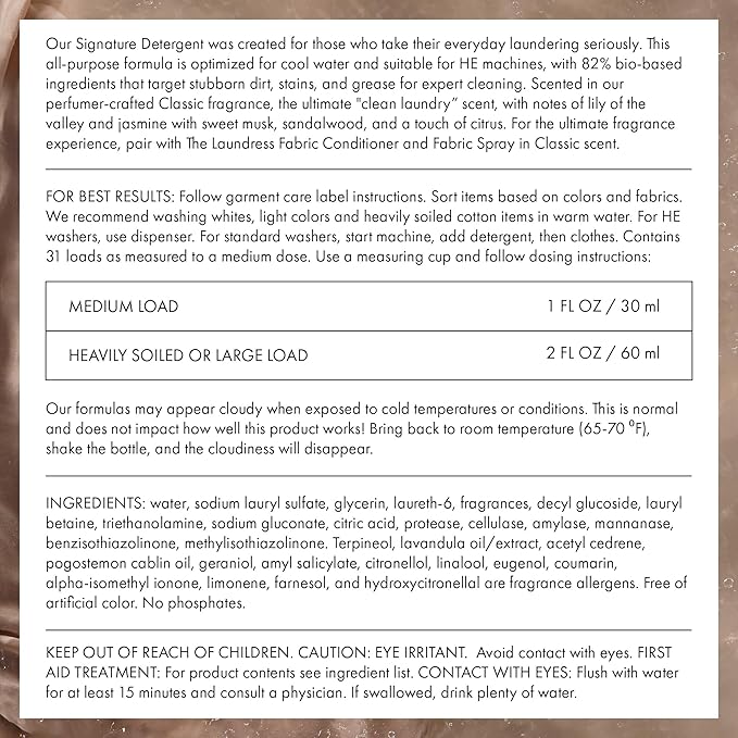 The Laundress Luxury Laundry Detergent, 31 Loads, Scented Signature Classic Fragrance, Concentrated Triple Enzyme Deep Cleaning and Targeted Stain Remover, 96% USDA Biobased Product (Pack of 2)