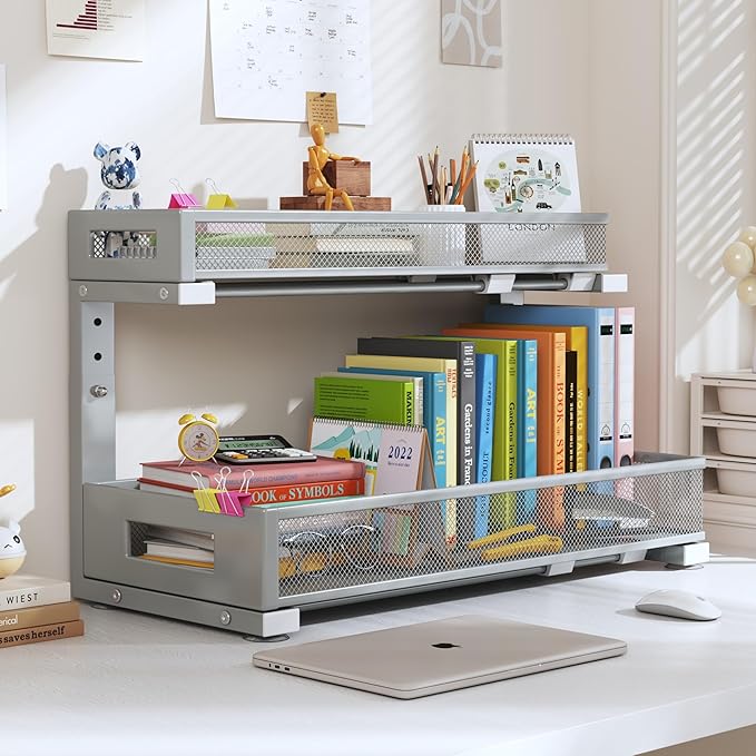 1 Pack 19IN Depth Under Sink Storage Organizer, Large 2-Tier Elegant Mesh Pull Out Shelf for Kitchen and Bathroom Cabinet Organization, L-Shaped and Adjustable Height Design-Gun Gray