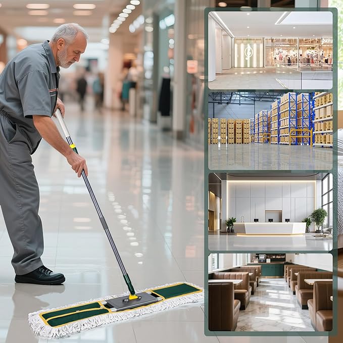 36" Commercial Mop, Masthome Heavy Duty Industrial Mop for Floor Cleaning,Commercial Dust Mop with 3 Reusable Pads,60”Long Handle Wet Dry Flat Mops for Hardwood Floors, Marble, Laminate, Tile(Green)