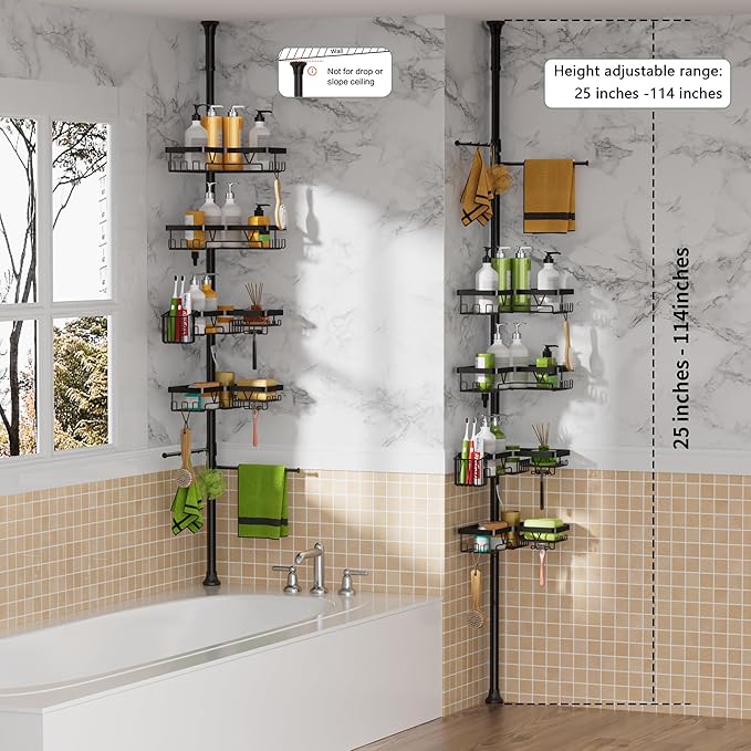 Tension Rod Shower Caddy Corner - Tension Pole Shower Caddy with 2 Towel Bars & Toothbrush Holder, Black Bathtub Organizers and Storage Corner Stainless Steel(Tall 25 to 114.2 Inches)