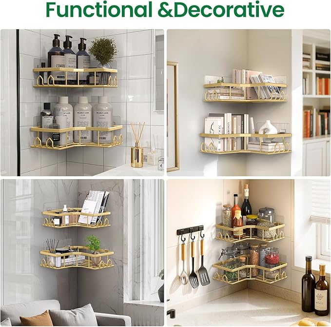 Adhesive Shower Caddy, 2 Pack Corner Bath Organizer, Rustproof Stainless Steel Shower Shelves with Large Capacity, No Drilling Shelves for Bathroom Storage, Home, Kitchen Decor (Gold).