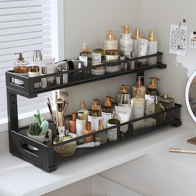 1 Pack 20.47IN Depth Under Sink Storage Organizer, Large 2-Tier Elegant Mesh Pull Out Shelf for Kitchen and Bathroom Cabinet Organization, L-Shaped and Adjustable Height Design-Black