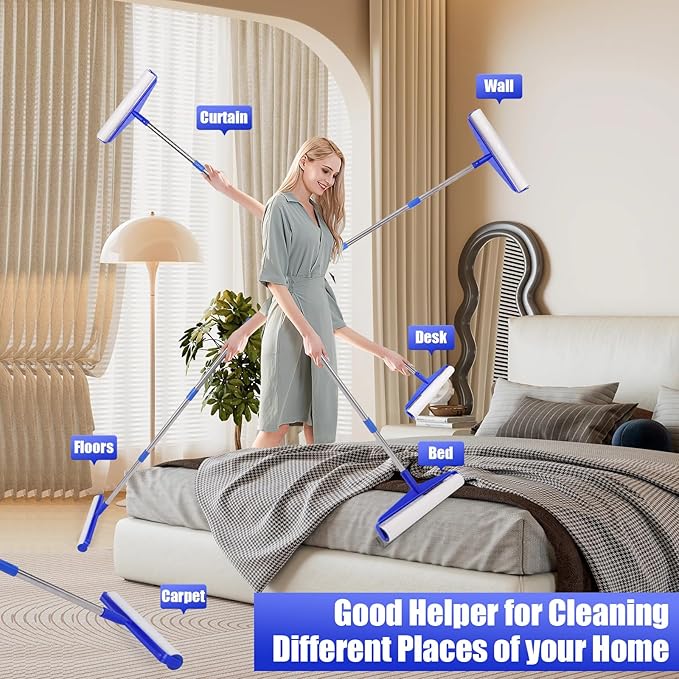 COBETE 13.77" Large Extra Sticky Lint Roller, 69.88" Long Handle Lint Remover with 6 Rollers for Clothes, Cat Dog Pet Hair, Furniture, Couch, Carpet, Floor,Painted Wall Cleaner Mop Dust Cleaning