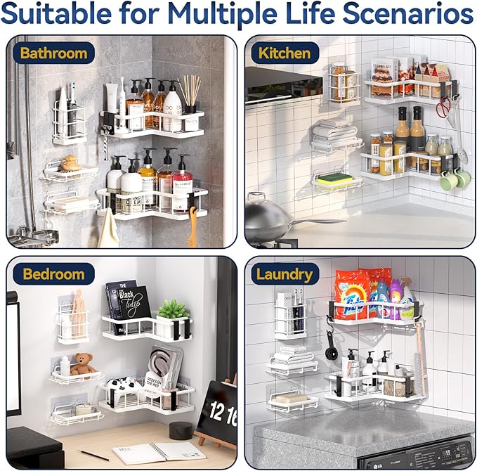 YASONIC Corner Shower Caddy, 5-Pack Adhesive Rustproof Stainless Steel Shower Organizer with Soap Holder, No Drilling Shower Shelf for Inside Shower, Dorm, Renters, White