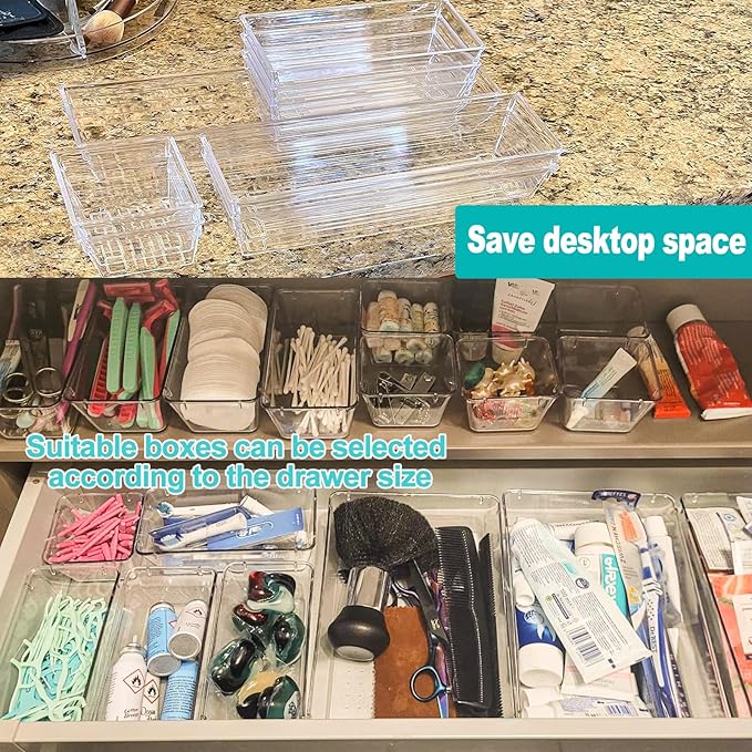 15 Pack Clear Plastic Drawer Organizer Set - 4 Sizes Makeup Vanity Organizer Chest of Drawers Storage Stackable Organizers Bins Divider Box for kitchens, Bedrooms, Bathrooms, Offices, Junk, Gadgets