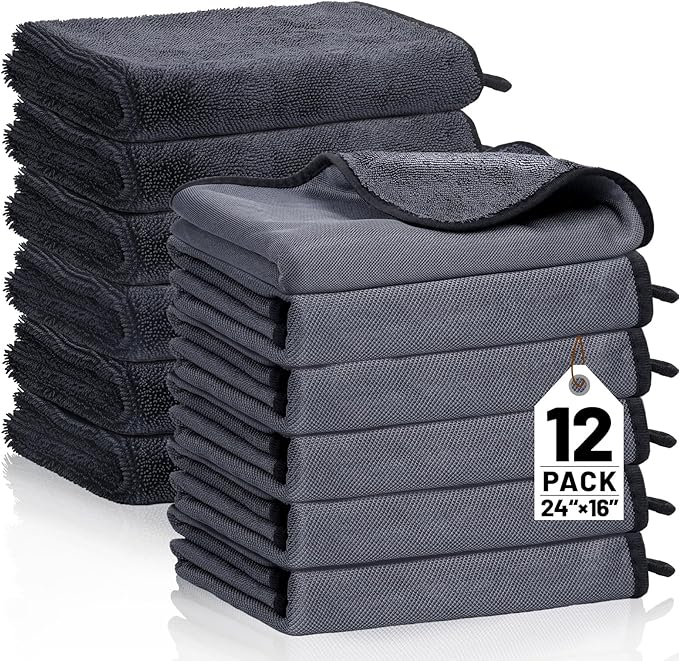 12 PCS Microfiber Towels for Cars 24x16 Inch Microfiber Cleaning Cloths Bulk Soft Car Detailng Towel Cloths 600 GSM Detailing Buffing Quick Drying Towel Polishing Waxing Auto Detailing Towel Cloth