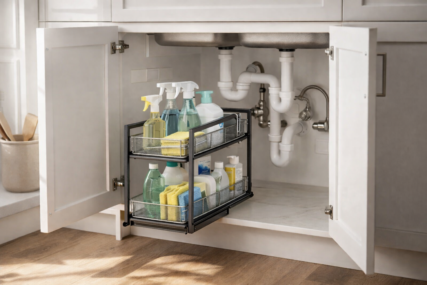 Kitchen under sink cabinet with a sliding 2-tier organizer installed around exposed pipes, maximizing cabinet storage space for cleaning supplies in a bright, modern interior.