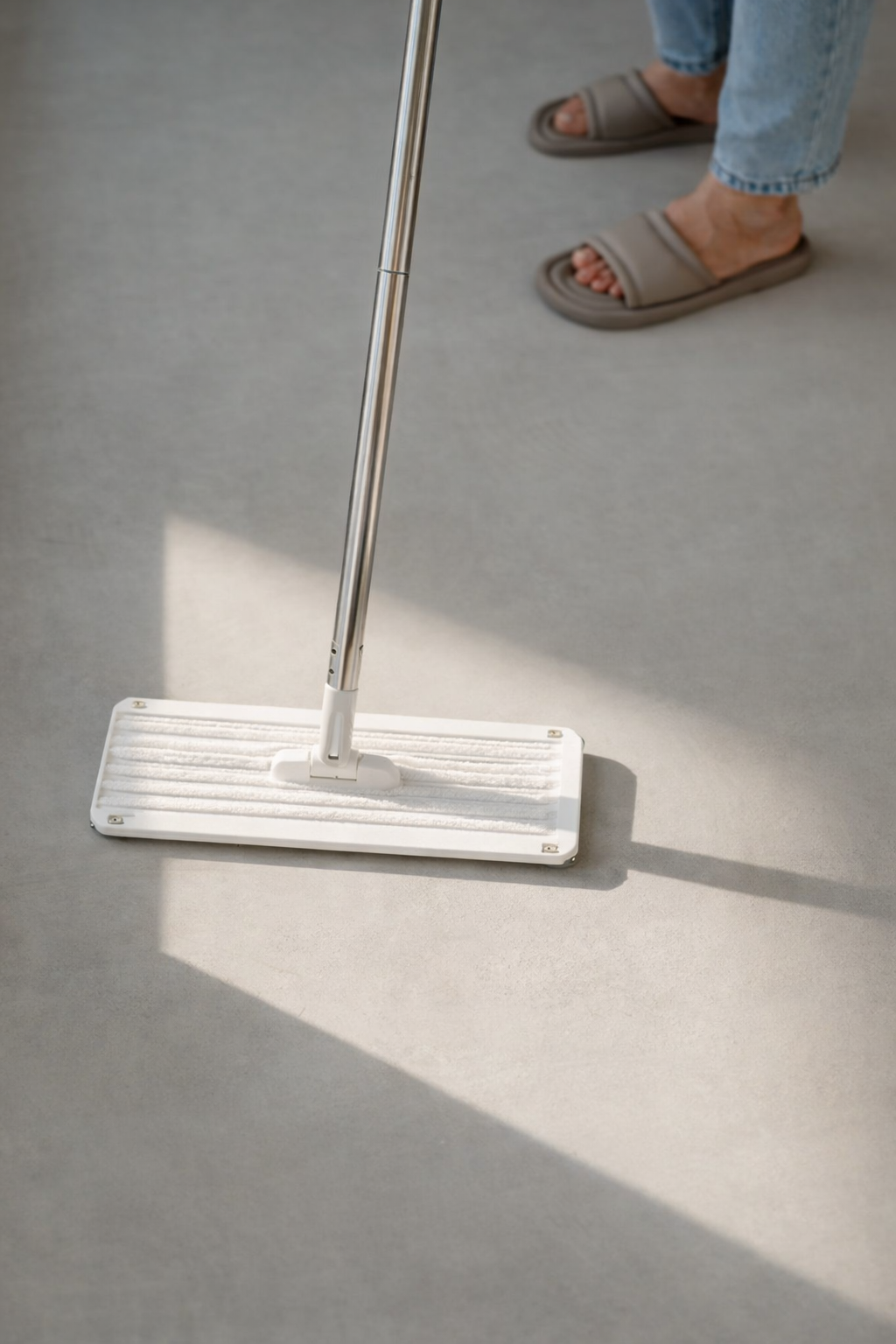 Modern flat microfiber mop cleaning light concrete floor with soft natural sunlight and subtle shadow, minimalist home cleaning scene.
