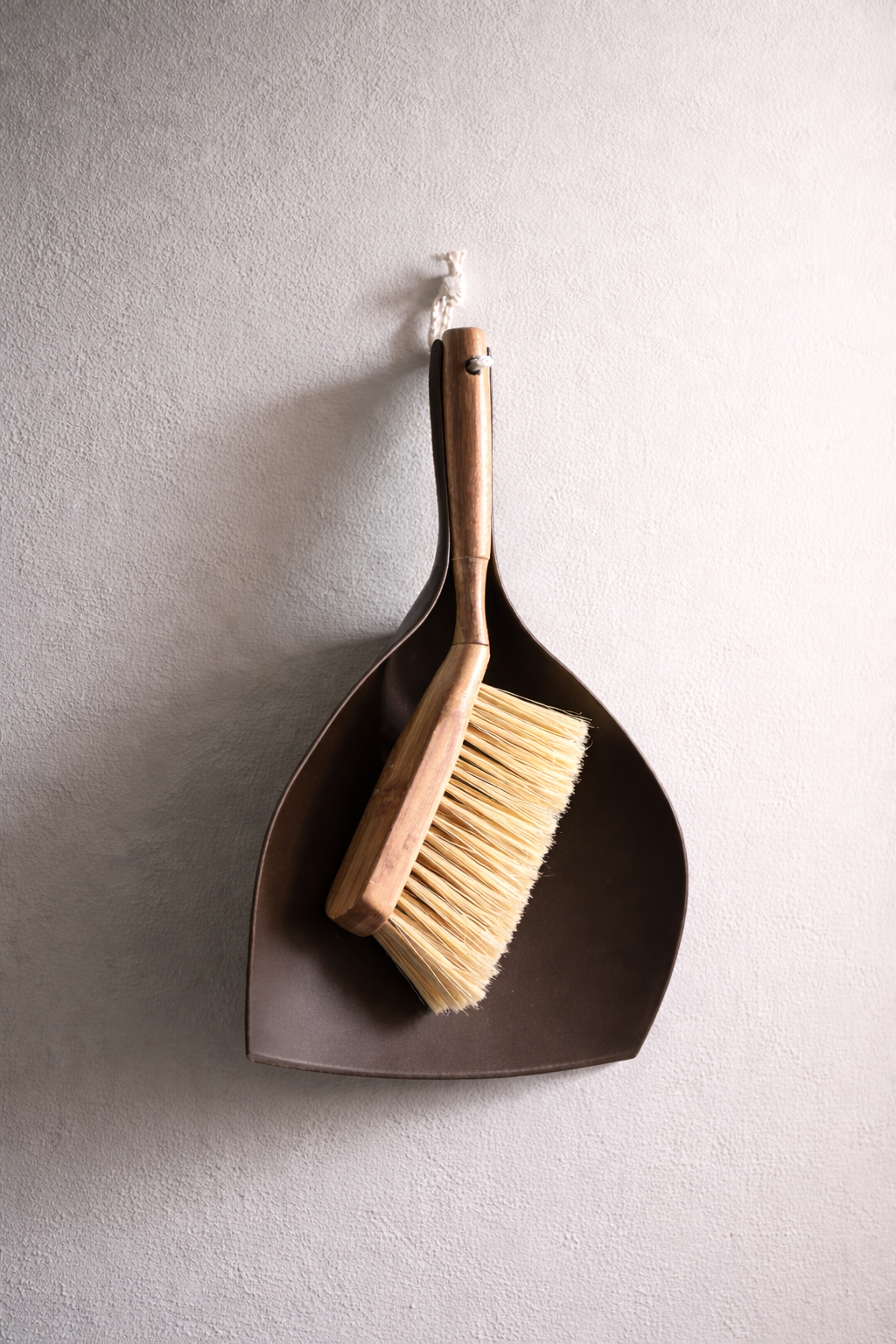 Hand broom and dustpan set with wooden brush handle, modern household sweeping tool displayed against neutral wall background.