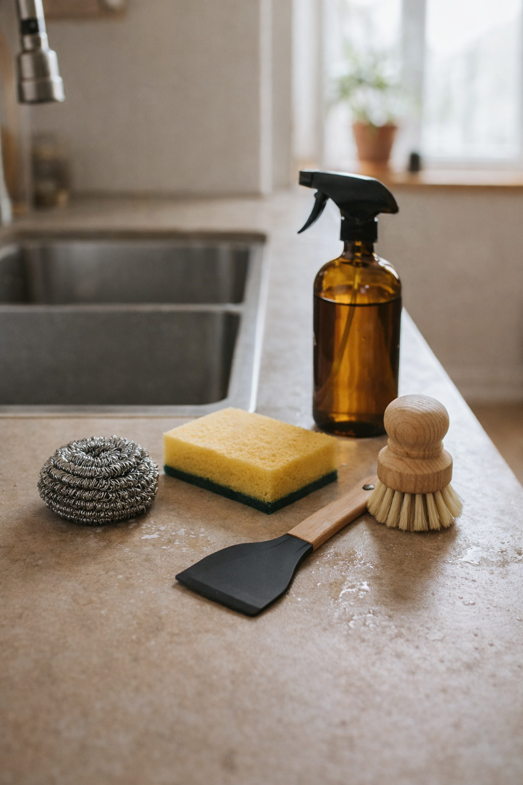 Kitchen cleaning tools set on a countertop near a stainless steel sink, featuring dish brush, sponge, steel scrubber, scraper, and spray bottle in a minimalist modern kitchen with soft natural light.