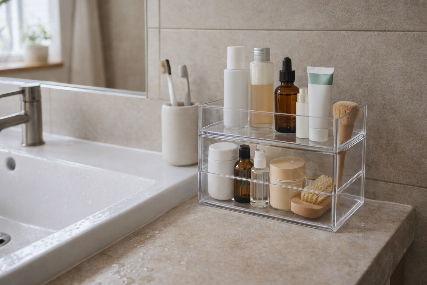 Clear acrylic countertop organizer neatly arranged with skincare bottles, toothbrush holder, and daily bathroom essentials next to a white sink under soft natural daylight.