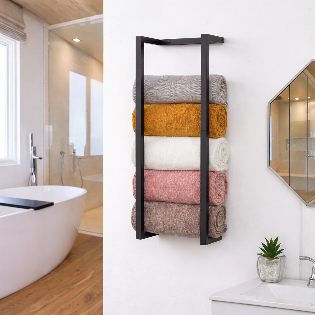 Modern bathroom with black wall-mounted towel rack holding neatly folded neutral bath towels, minimalist spa-style interior with freestanding bathtub and natural light