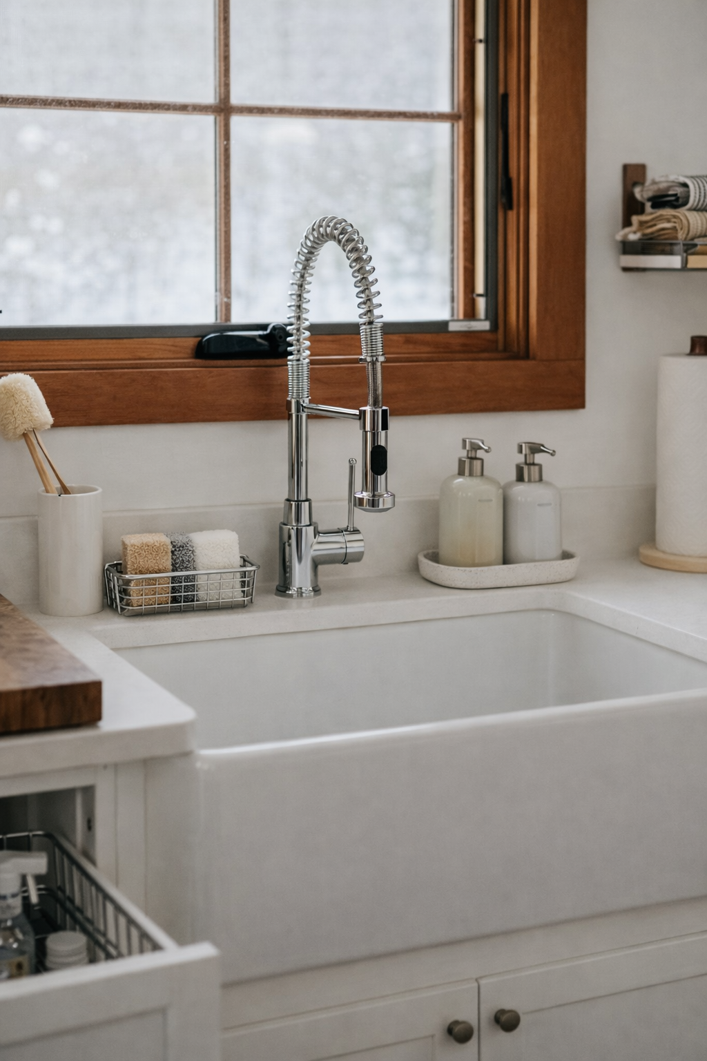 Stainless steel in-sink sponge holder in modern farmhouse kitchen, sink and countertop organization setup with soap dispensers and window light