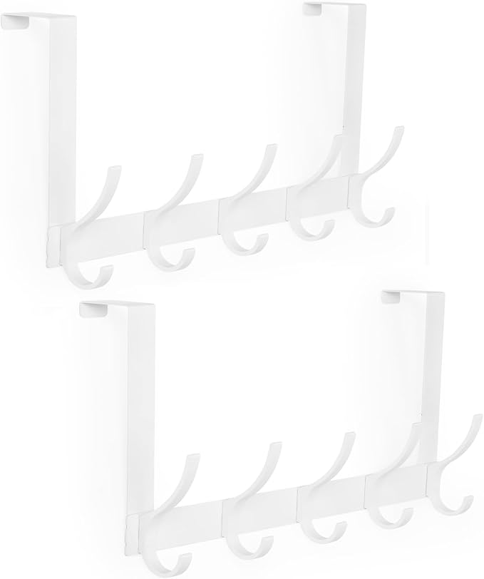 Over The Door Hooks, Door Hanger Hooks for Hanging, Over The Doors Towel Racks for Bathroom with 10 Coat Hook, Coat Rack Bathroom Accessories（2 Pack, White）