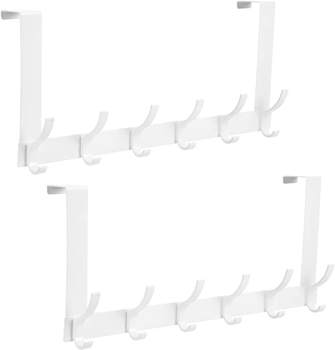 Over The Door Hooks, Door Hanger Hooks for Hanging, Over The Doors Towel Racks for Bathroom with 12 Coat Hook, Coat Rack Bathroom Accessories（2 Pack, White）