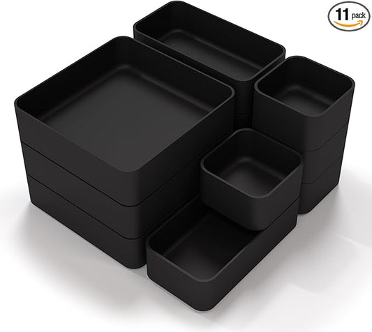 11-Piece Stackable Drawer Organizer Set, Multi-size Desk Drawer Organizer Trays Vanity Storage Bins for Storing Makeup, Stationery, Utensils in Bathroom Dresser, Office and Kitchen