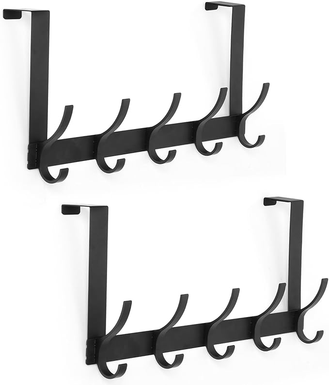Over The Door Hooks, Door Hanger Hooks for Hanging, Over The Doors Towel Racks for Bathroom with 10 Coat Hook, Coat Rack Bathroom Accessories（2 Pack, Black）