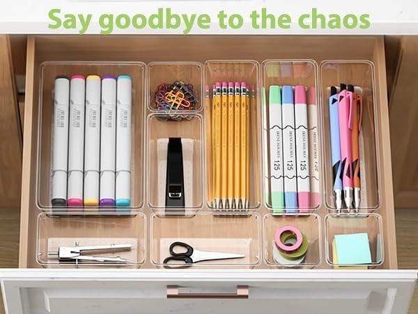 25 Piece Clear Drawer Organizer Set, 4 Sizes Bathroom Vanity Organizer Trays and Storage Bins for Makeup, Cosmetics, Jewelry, and Gadgets. Perfect for Office, Kitchen, Bedroom, Bathroom Use.