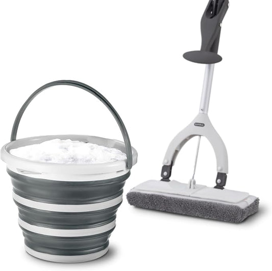 Superio Miracle Microfiber Mop with Telescopic Handle & 2-Gallon Collapsible Bucket - Lightweight Cleaning Set for Floors, Walls, Car Wash, Camping & More - Grey
