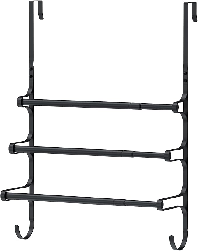 Over The Door Towel Rack, Over Door Towel Rack for Bathroom Door, Triple Towel Storage Holder with Hooks (Matte Black)