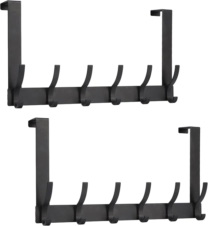Over The Door Hooks, Door Hanger Hooks for Hanging, Over The Doors Towel Racks for Bathroom with 12 Coat Hook, Coat Rack Bathroom Accessories（2 Pack, Black）