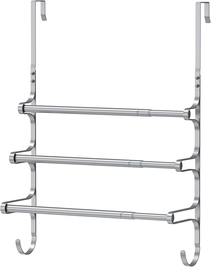 Over The Door Towel Rack, Over Door Towel Rack for Bathroom Door, Triple Towel Storage Holder with Hooks (Silver)