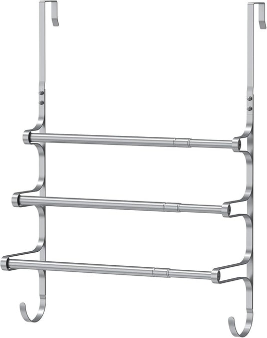 Over The Door Towel Rack, Over Door Towel Rack for Bathroom Door, Triple Towel Storage Holder with Hooks (Silver)