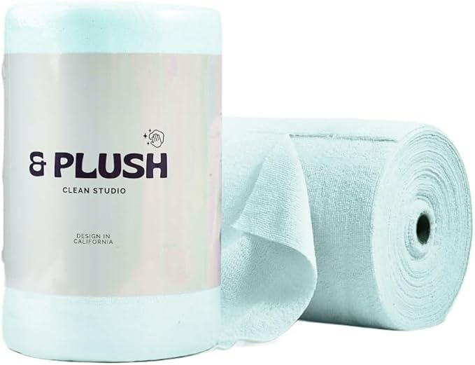 & PLUSH Microfiber Cleaning Cloth Roll - 100 Pack, Tear Away Microfiber Towels, 12" x 12", Reusable, Washable, Streak Free, Ultra Absorbent Dish Rags for Car, Home, Garage or Shop (Blue)