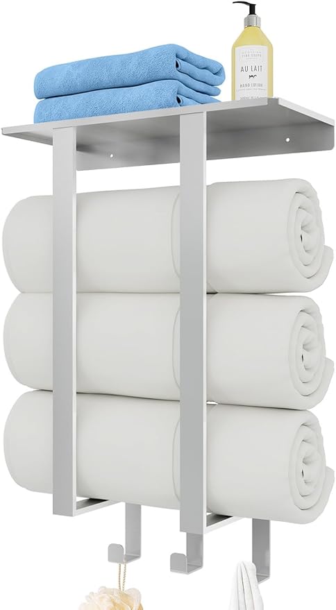 Towel Racks for Bathroom, BETHOM Towel Rack Wall Mounted with Shelf and 3 Hooks, Towel Storage for Small Bathroom for Rolled Bath Towels, Brushed Nickel