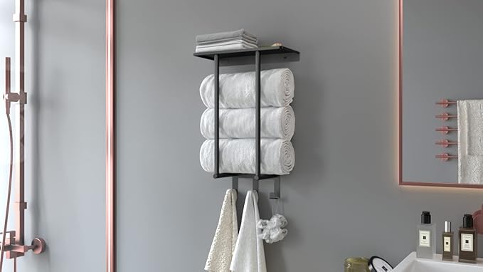 Towel Racks for Bathroom, Bathroom Towel Rack Wall Mounted with Metal Shelf and 3 Hooks for Small Bathroom, Black