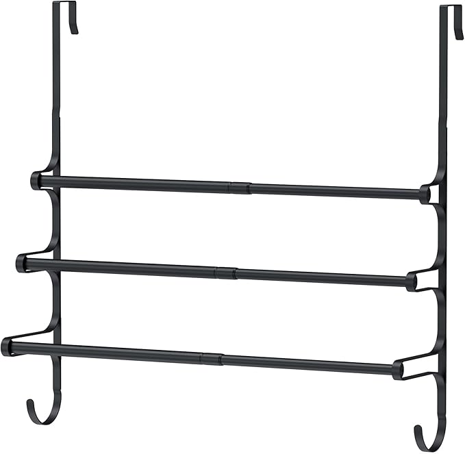 Over The Door Towel Rack, Extendable Triple Towel Storage Holder with Hooks, 24.02 Inches Towel Bar Hanger Towel Racks for Bathroom (Black)