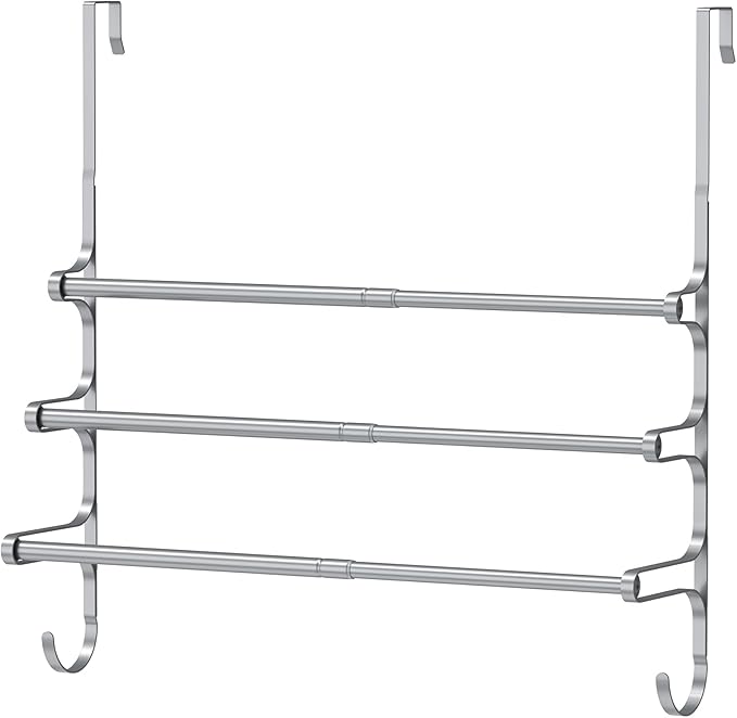 Over The Door Towel Rack, Extendable Triple Towel Storage Holder with Hooks, 24.02 Inches Towel Bar Hanger Towel Racks for Bathroom (Silver)