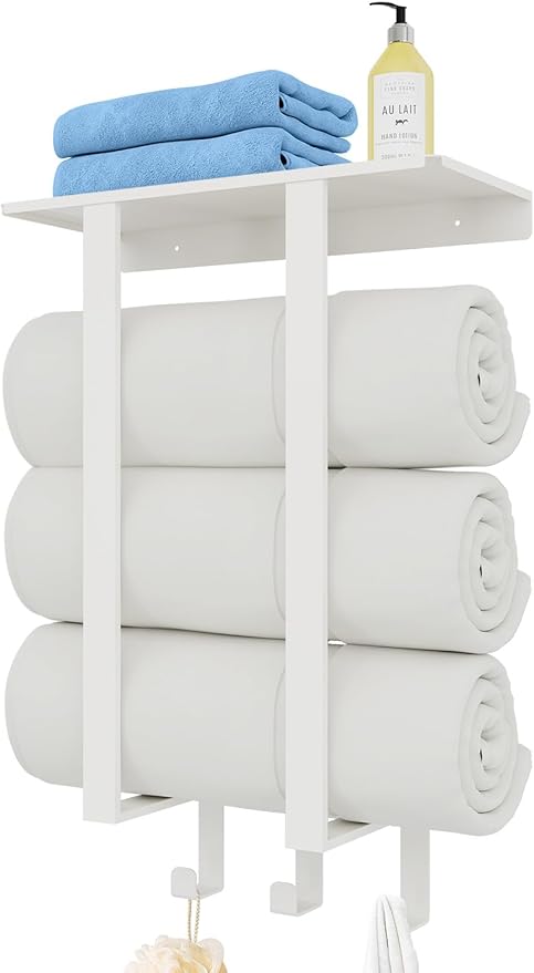 Towel Racks for Bathroom White, Bathroom Towel Rack with Shelf and 3 Hooks Wall Mounted, Towel Storage Rack for Small Bathroom