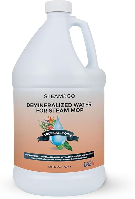 Steam & Go Demineralized Water for Steam Cleaner - PVC-Free Floor Cleaning Solution Compatible for All Steam Mops - Multi-Surface Cleaner for Home Surfaces - Tropical Bloom Scent, 128 Fl oz