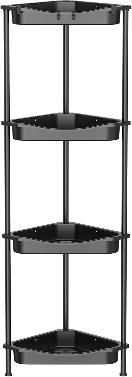 4 Tier Floor Standing Corner Shower Caddy Organizer Shelf with Hooks, Bathroom Shelves Stand Rack, Jet Black