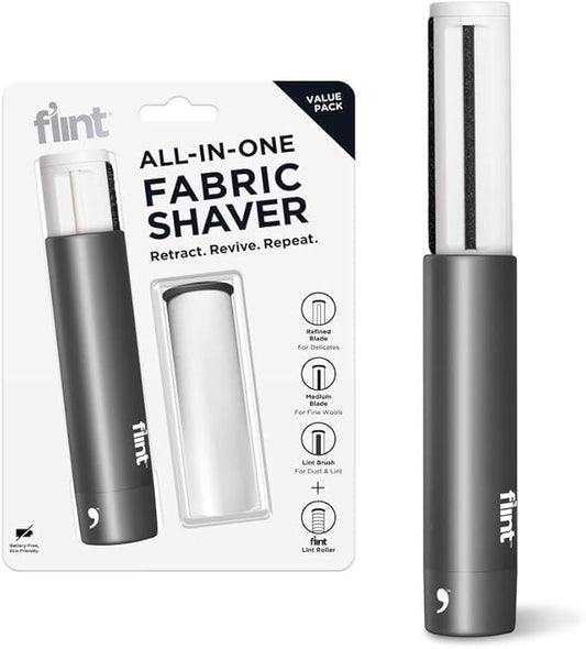 Flint All-in-One Fabric Shaver, Compact, Retractable & Travel-Friendly Fuzz Remover with 2 Fabric-Safe Care Surfaces, Lint Brush & Lint Roller, Ultimate Depiller for Clothes, Eco-Friendly