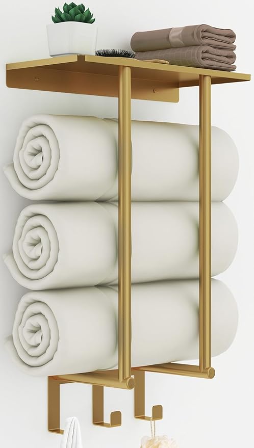 Towel Rack with Metal Shelf and 3 Hooks, Bethom Towel Racks for Bathroom Wall Mounted, Metal Gold Bath Towel Holder Storage Wall for Small Bathroom