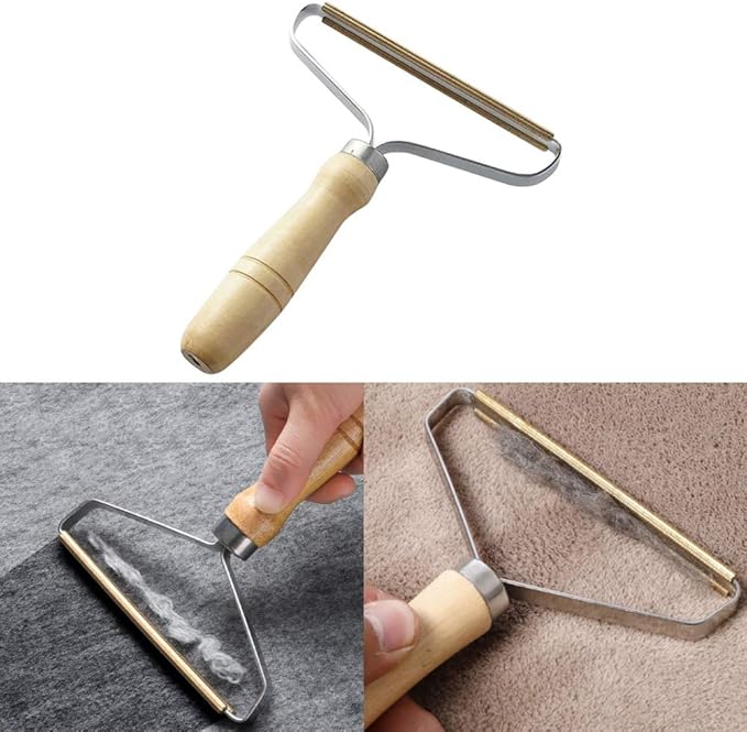 Carpet Pet Hair Remover, Portable Spark Lint Roller with Wooden Handle, Carpet Pile Brush with Double Sided Metal Scraper Suits Indoor Carpet, Pet Hair, Car Carpet,1 Pc